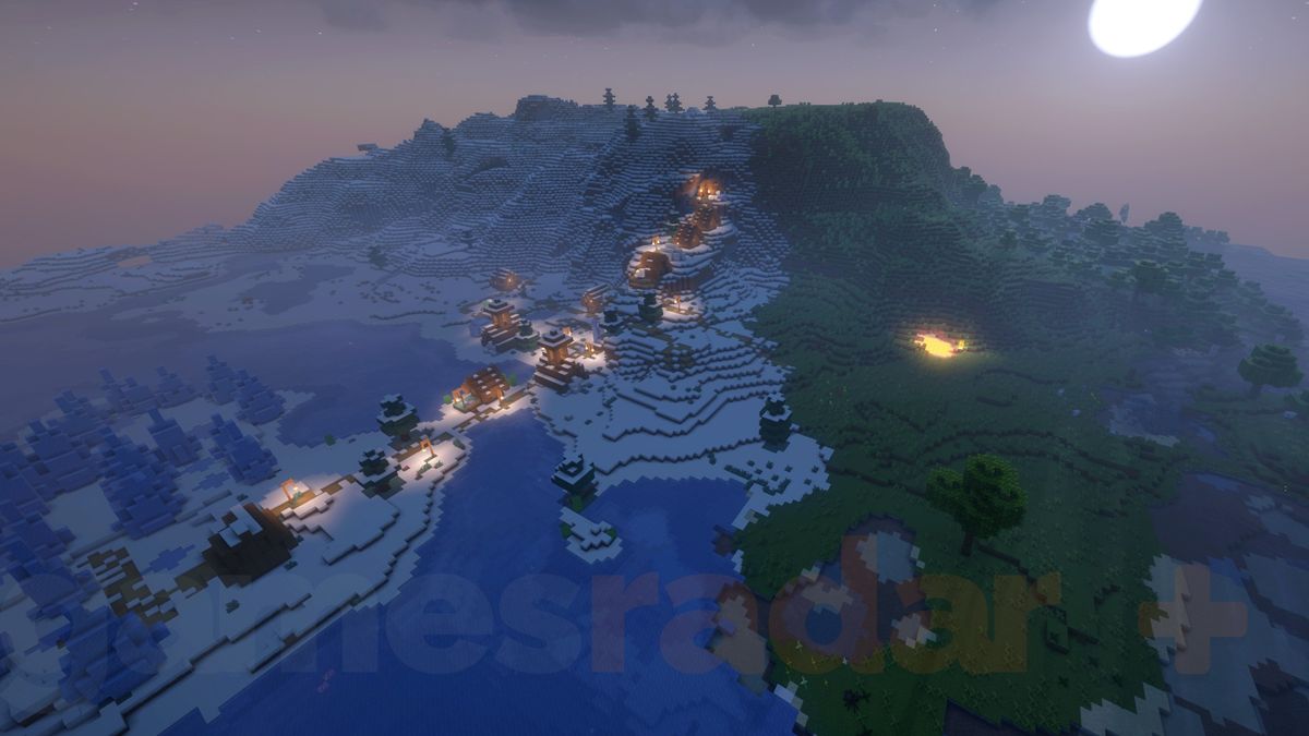 Скриншот: Игровой вид деревни Minecraft с надземными домами, дорожками и обитателями на странице Village.