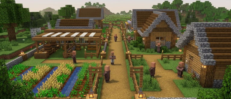 Иллюстрация: Редакционная иллюстрация обустроенной базы Minecraft с жилыми домами, хозяйственным двором и огородами.