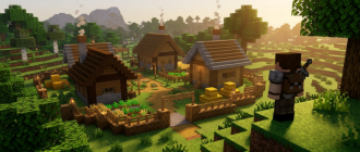 Иллюстрация: Редакционная иллюстрация Minecraft: путешественник смотрит с холма на освещённое поселение с оградой.