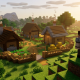 Иллюстрация: Редакционная иллюстрация Minecraft: путешественник смотрит с холма на освещённое поселение с оградой.
