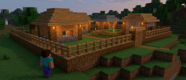 Иллюстрация: Редакционная иллюстрация ограждённого жилого участка Minecraft с освещённым входом.